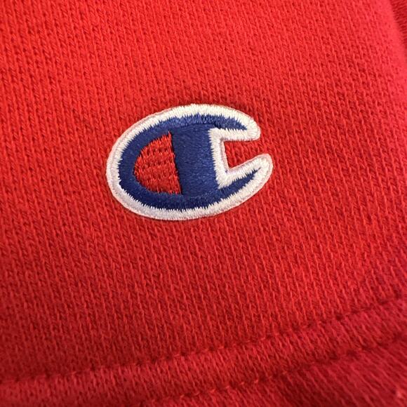 Champion Sweater Womens Medium Blue Red Reverse Weave Hooded Retro Split Sleeves - Picture 2 of 13